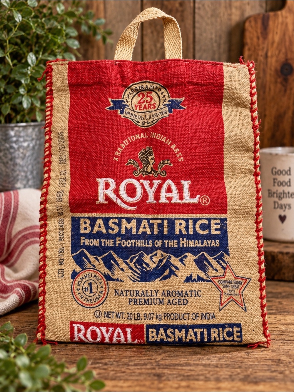 Royal Basmati Rice Burlap Tote Bag with Zipper Rustic Reusable Market Bag